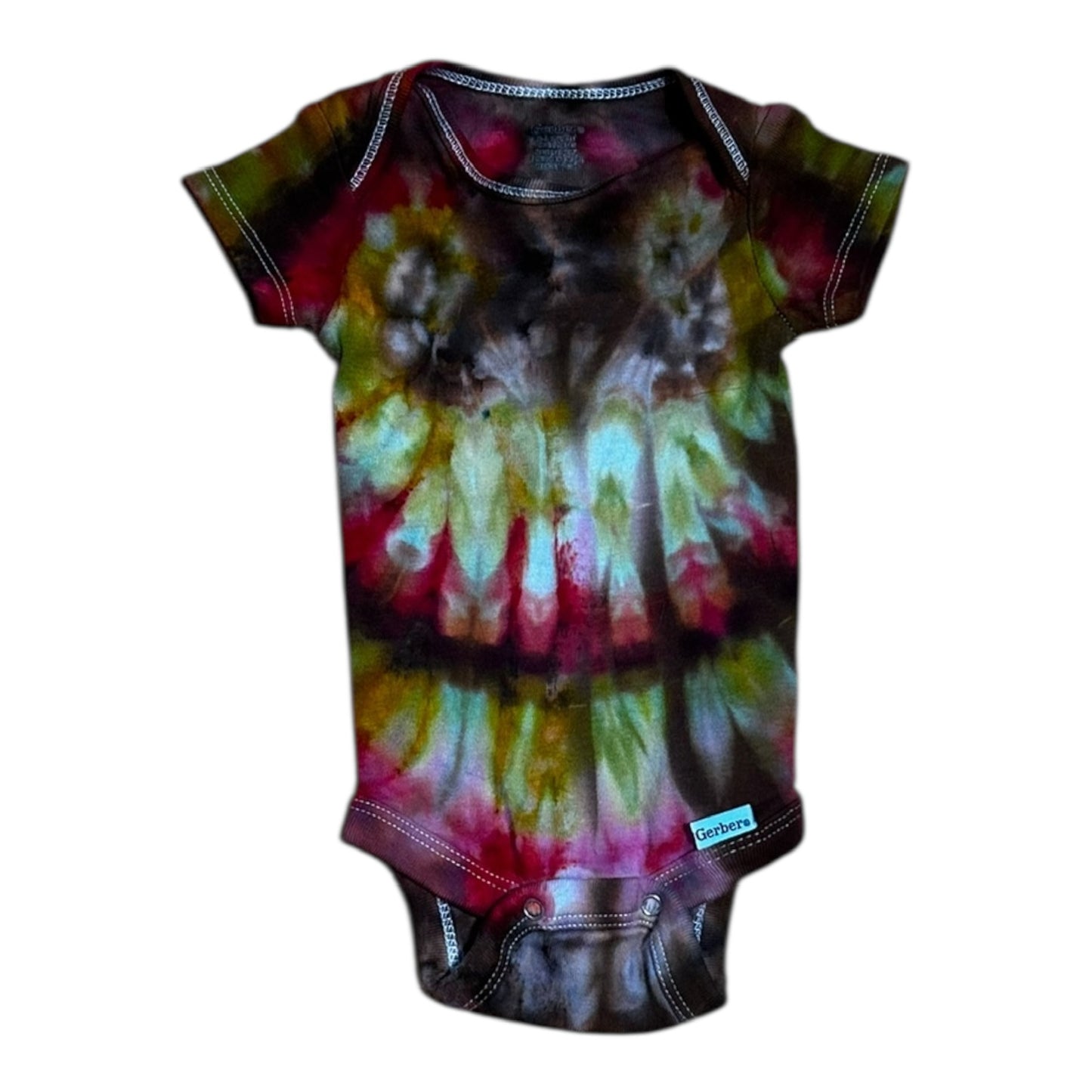 Infant 0-3 Months Red Brown Yellow and Green Pleated Ice Dye Tie Dye Onesie