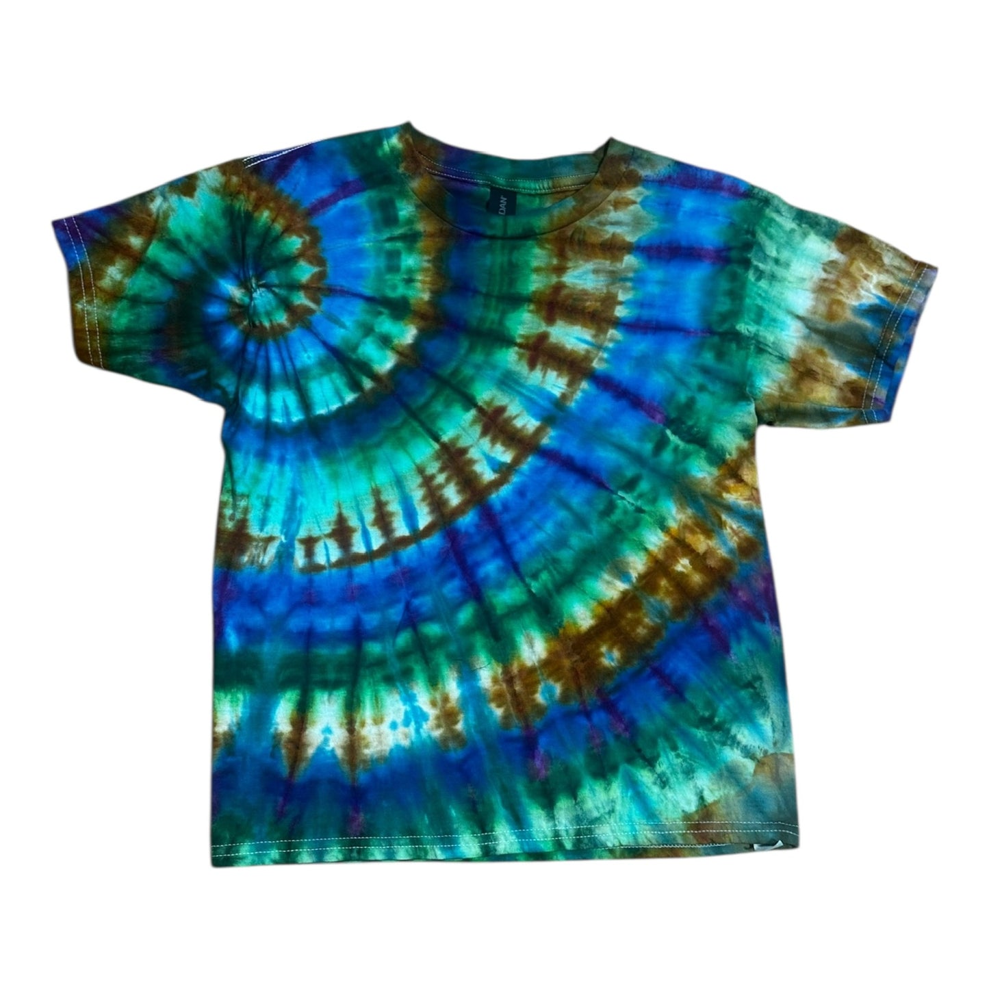 Youth Medium Blue Green Gold and Purple Spiral Ice Dye Tie Dye Shirt
