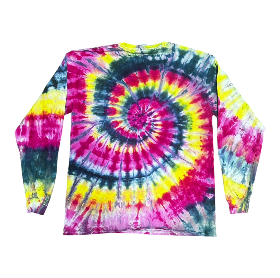 Adult Large Fuchsia Yellow and Black Spiral Ice Dye Tie Dye Long Sleeve Shirt