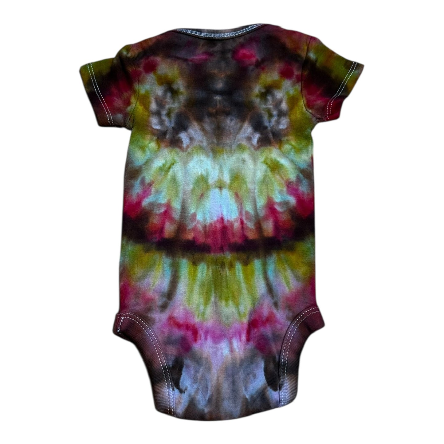 Infant 0-3 Months Red Brown Yellow and Green Pleated Ice Dye Tie Dye Onesie