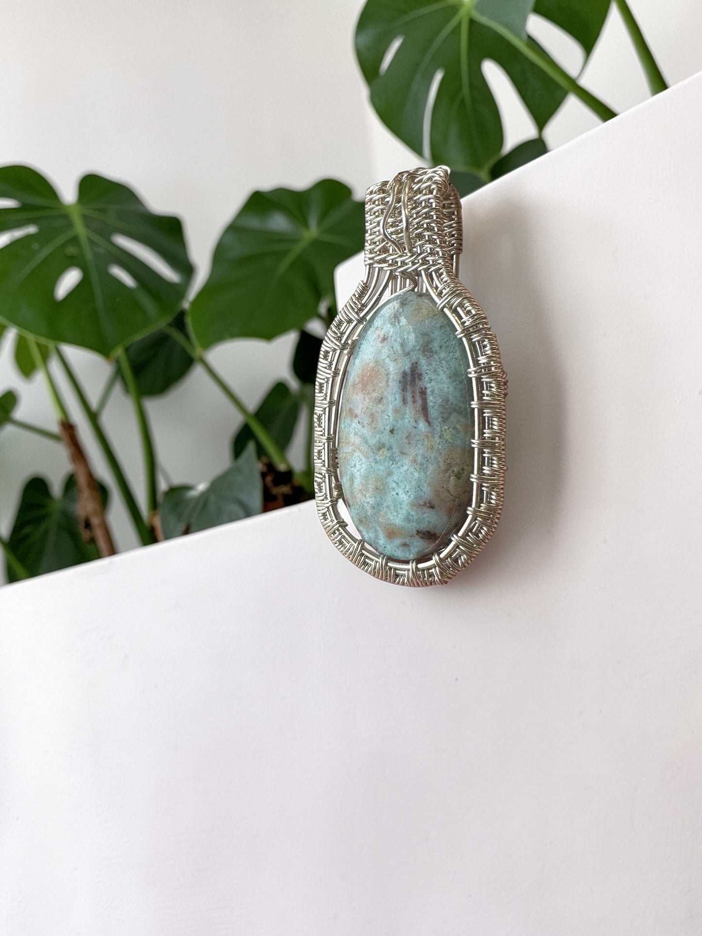 Sterling Silver Intricate Wire Wrapped Ocean Jasper Crystal Pendant