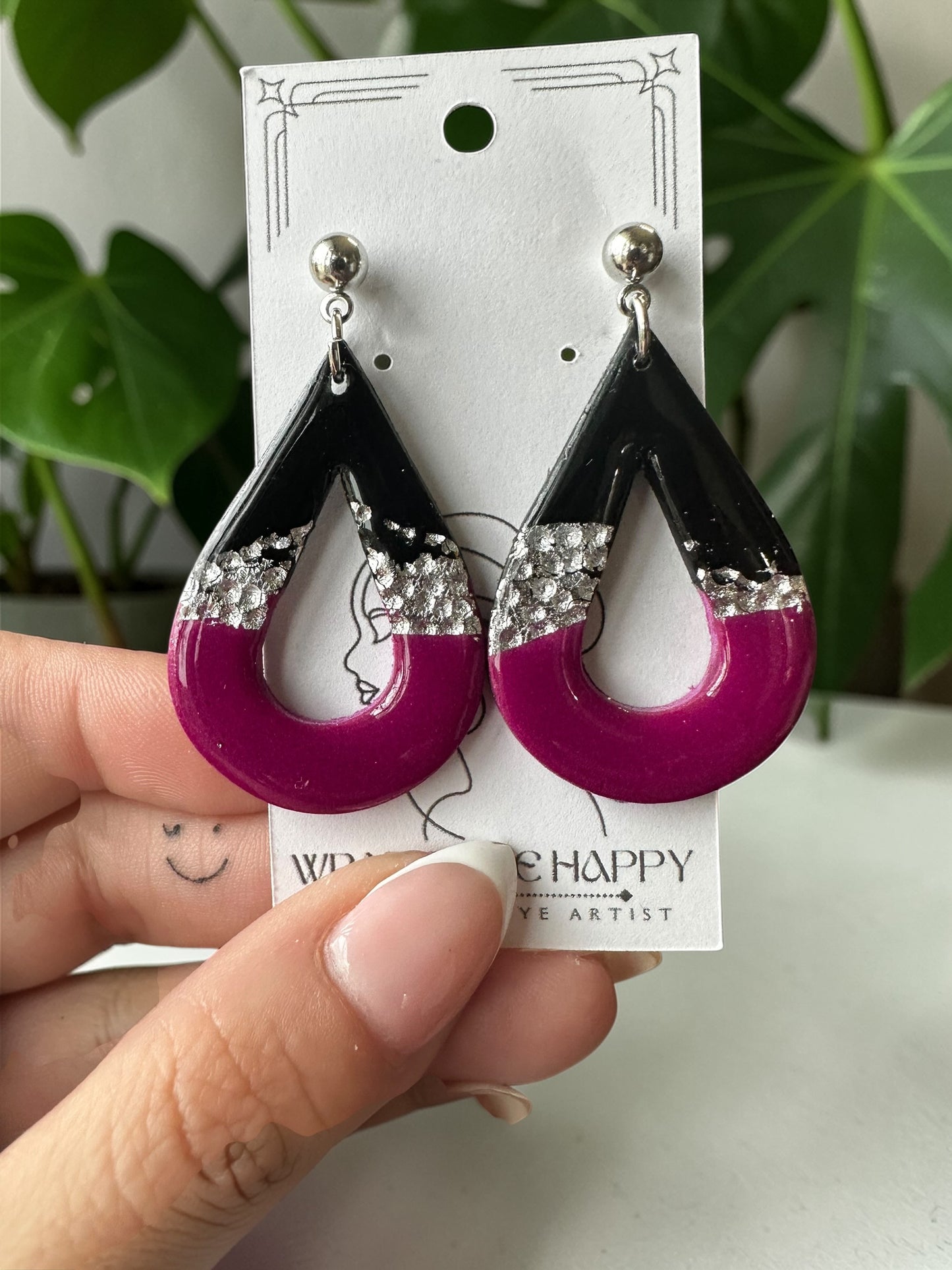 Hypoallergenic Clay Purple Silver and Black Dangle Earrings