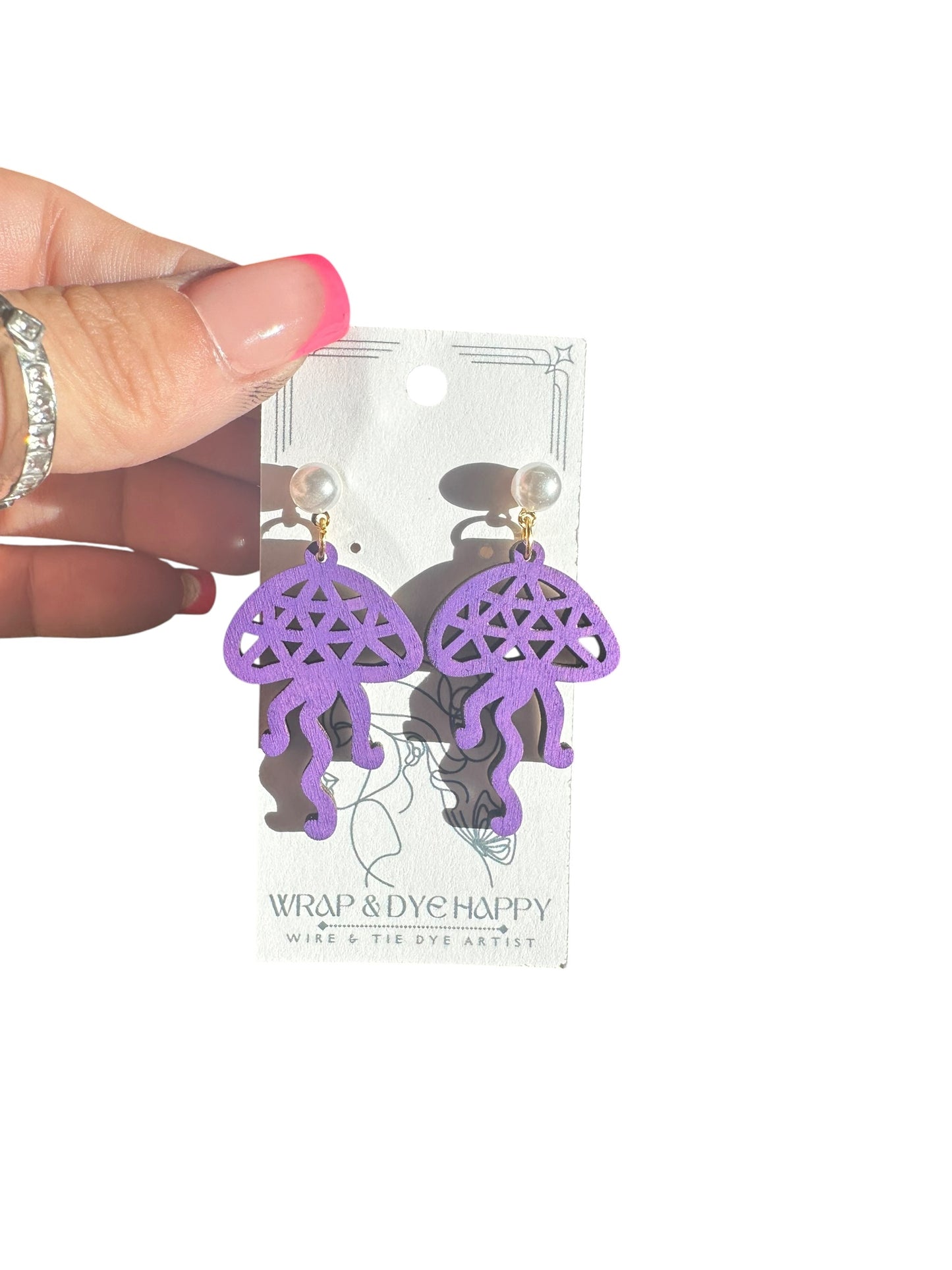Hypoallergenic Hand Painted Jelly Fish Engraved Wood Dangle Earrings