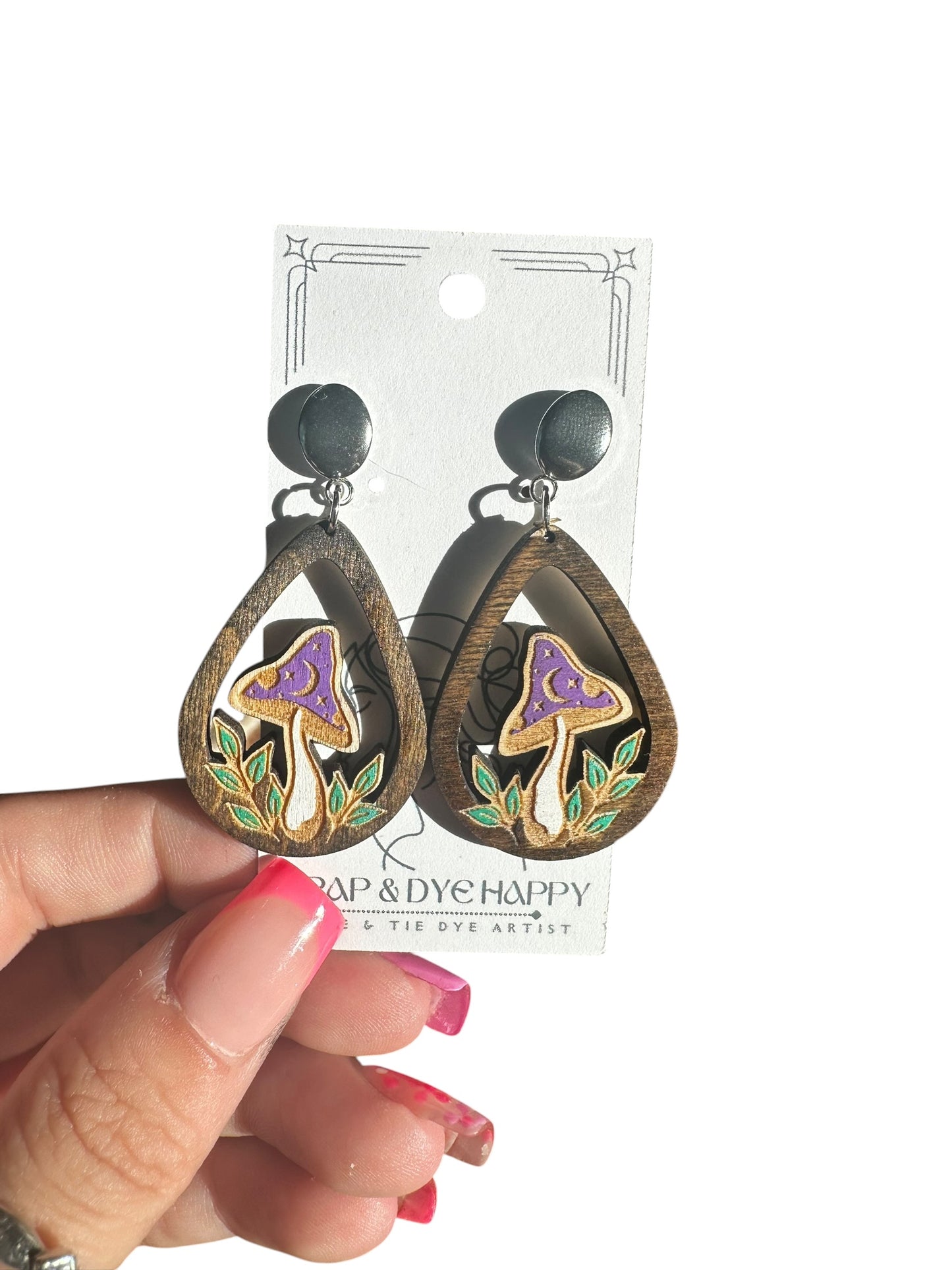 Hypoallergenic Hand Painted Mushroom Laser Engraved Wood Dangle Earrings
