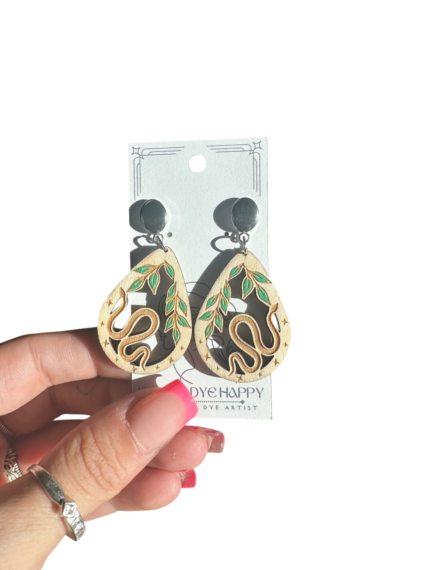 Hypoallergenic Hand Painted Snake Laser Engraved Wood Dangle Earrings