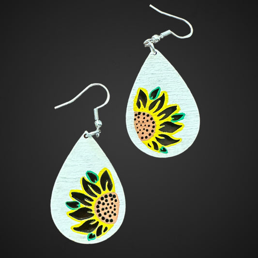 Painted | Natural Wood Hypoallergenic Teardrop Sunflower Wood Laser Engraved Wood Earrings