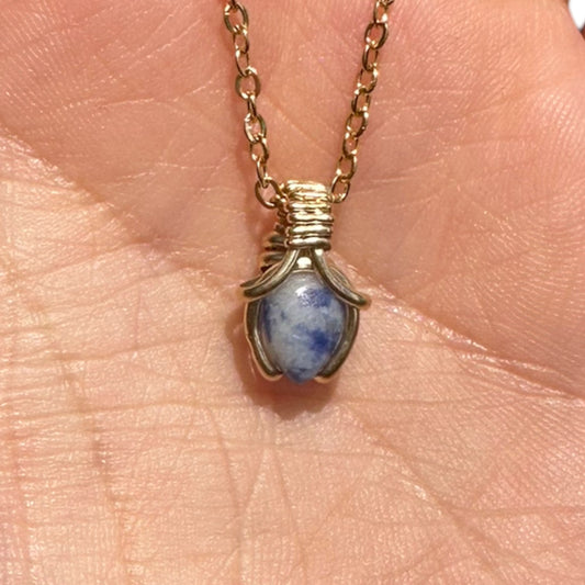 Sterling Silver | 14KT Gold Filled Mini Teardrop Sodalite Wire Wrapped Wishbone Pendant