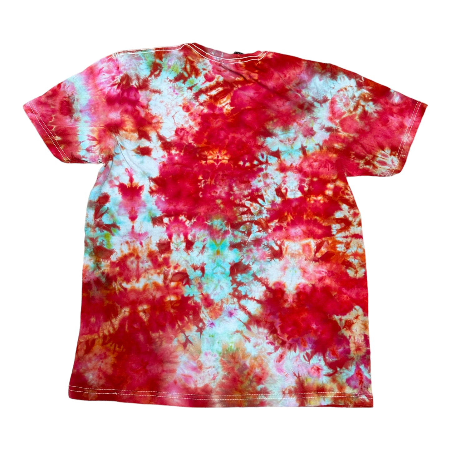 Adult Medium Red Orange and Aqua Blue Scrunch Ice Dye Tie Dye Shirt