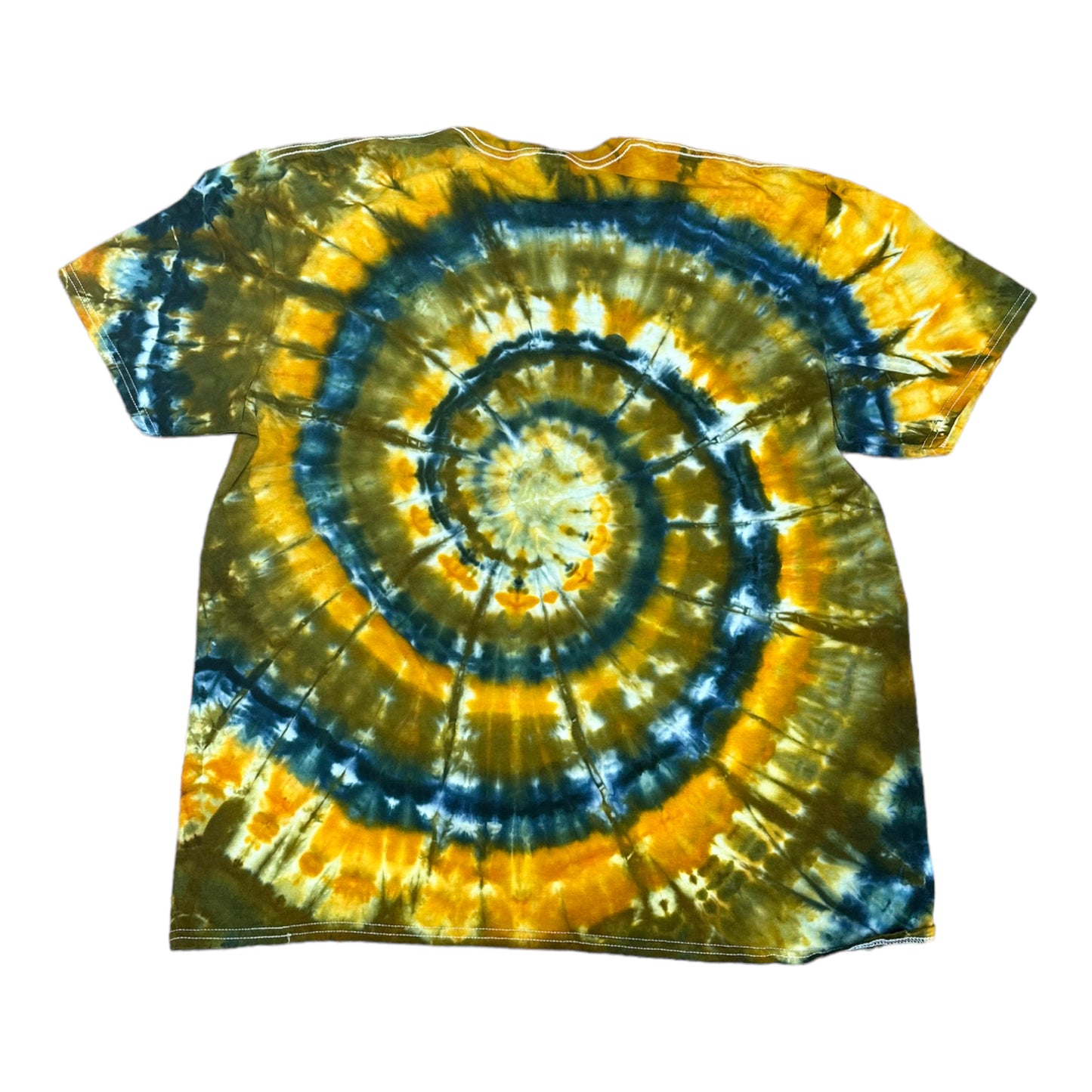 Adult 2XL Blue Green and Golden Yellow Spiral Ice Dye Tie Dye Shirt