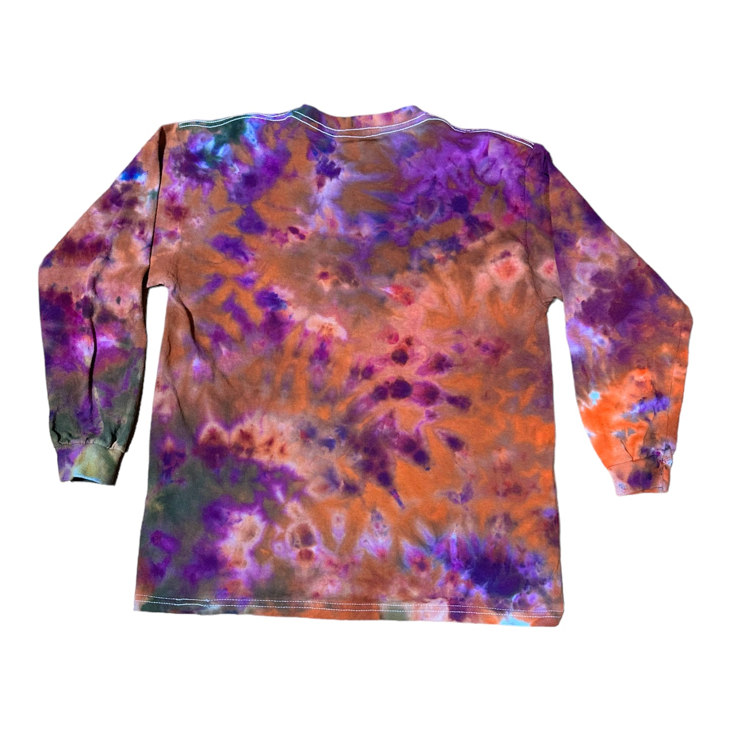 Youth Large Purple Orange and Green Scrunch Ice Dye Tie Dye Long Sleeve Shirt