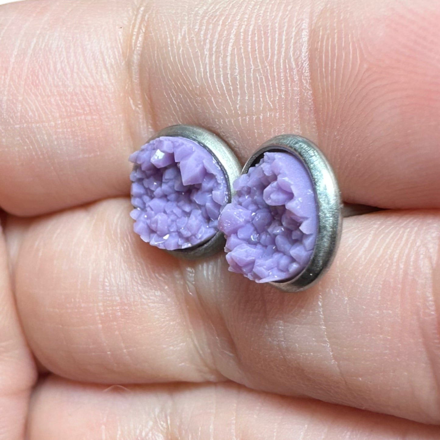 8MM Hypoallergenic Purple Druzy Earring Studs