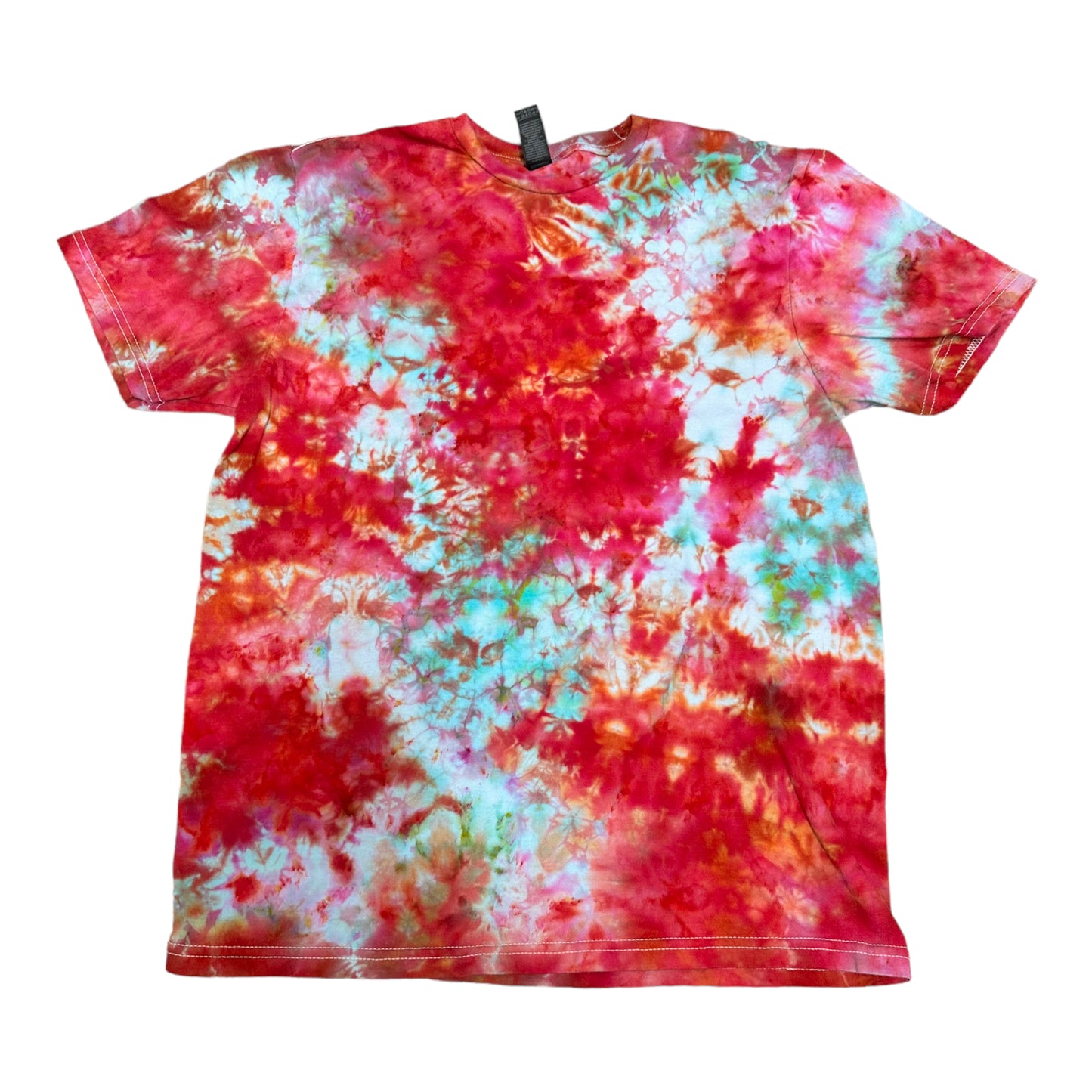 Adult Medium Red Orange and Aqua Blue Scrunch Ice Dye Tie Dye Shirt