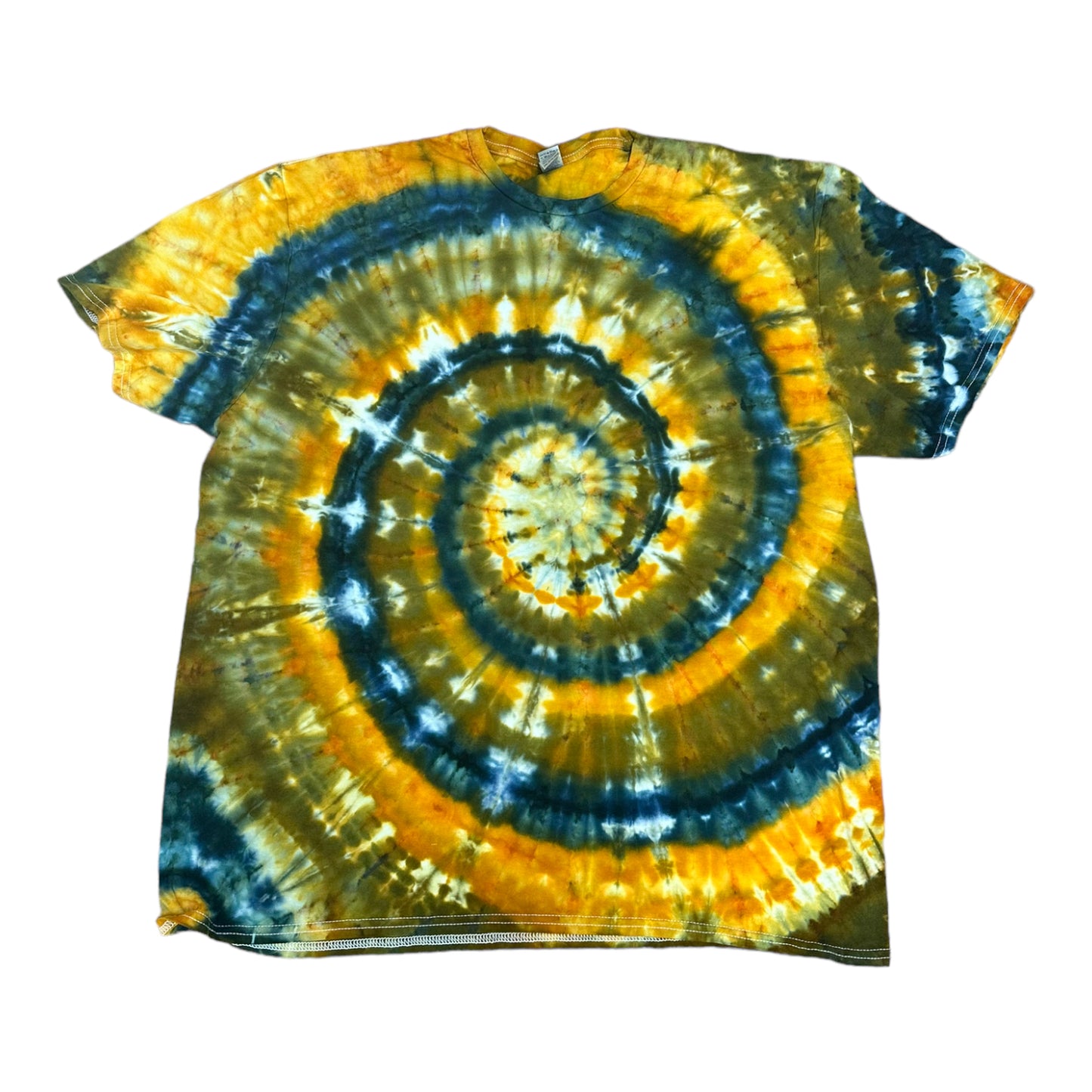 Adult 2XL Blue Green and Golden Yellow Spiral Ice Dye Tie Dye Shirt