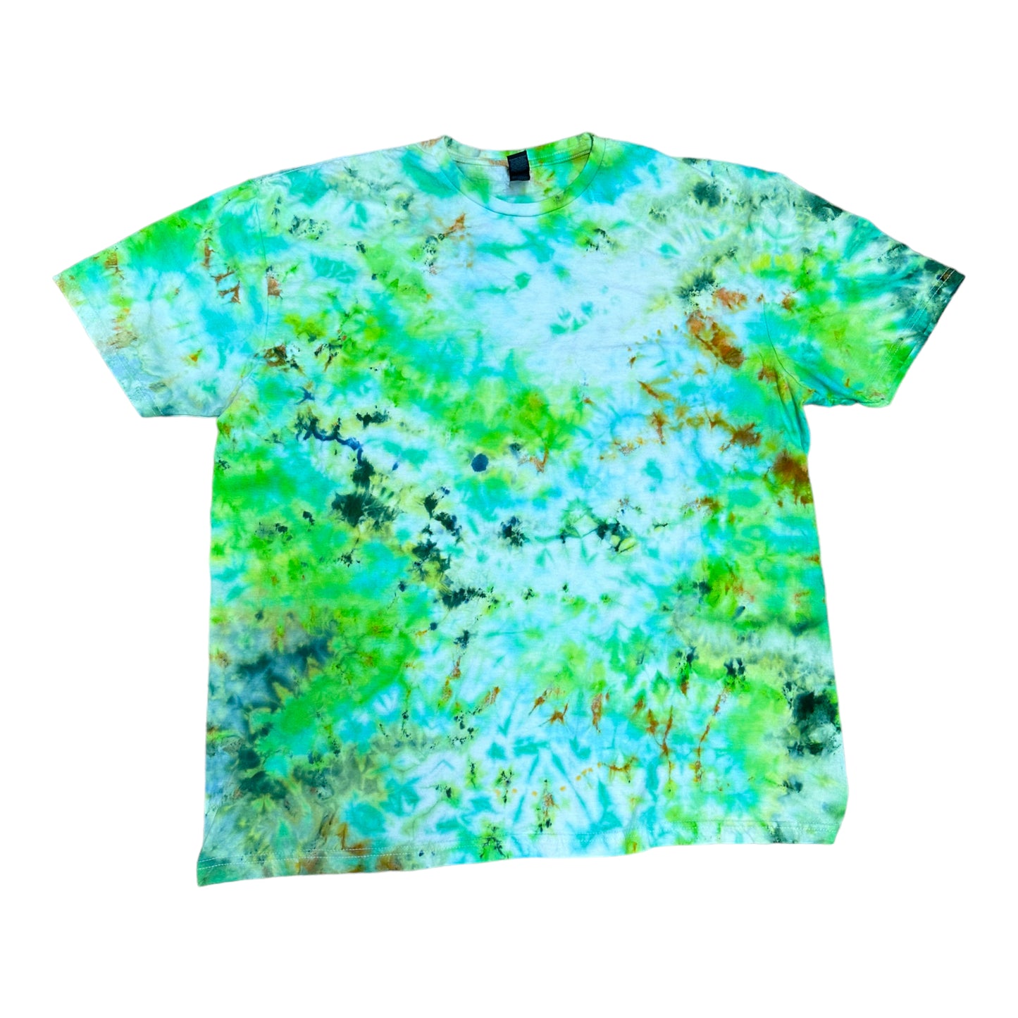 Adult XL Golden Yellow Green and Blue Scrunch Ice Dye Tie Dye Shirt