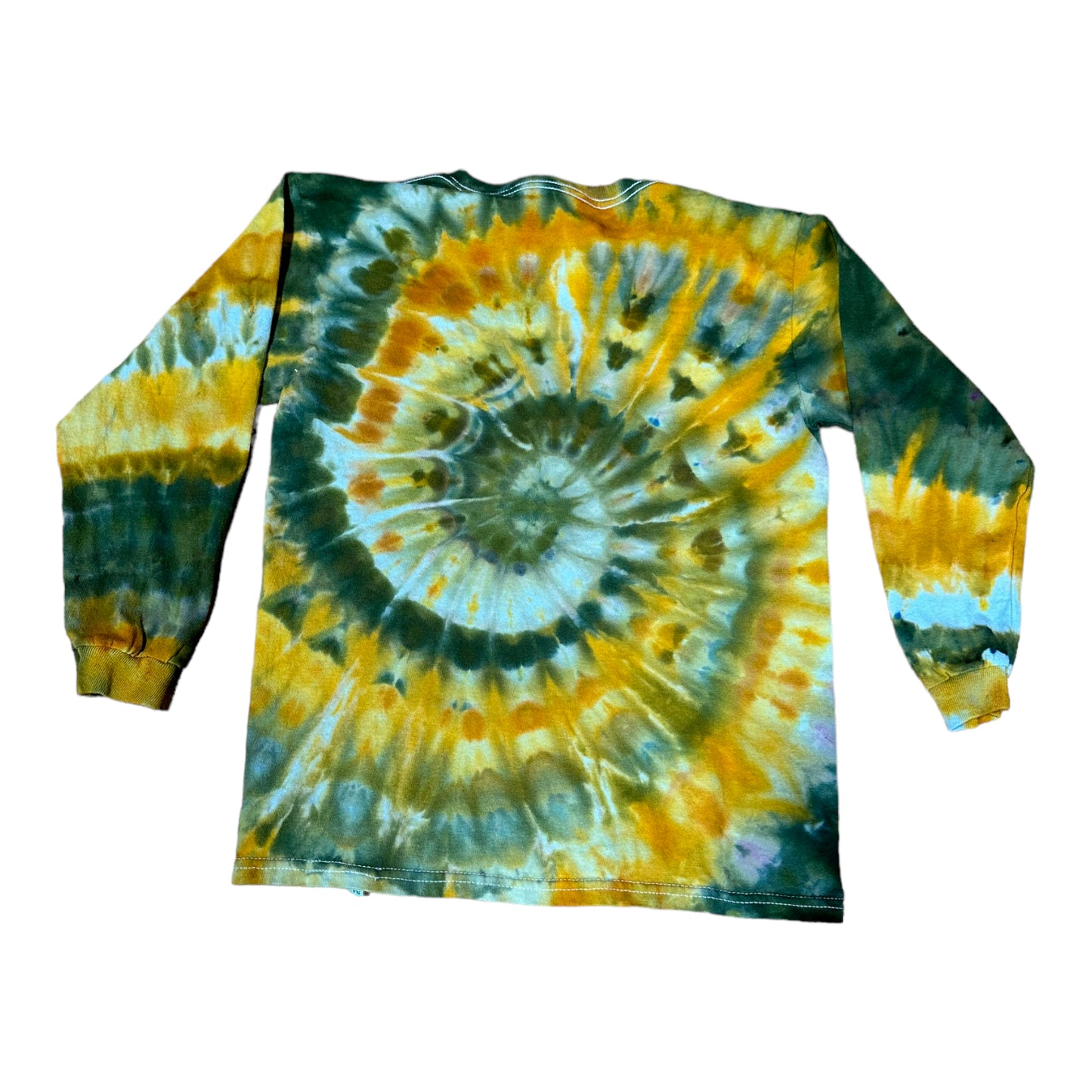 Youth Medium Moss Green and Golden Yellow Spiral Ice Dye Tie Dye Long Sleeve Shirt