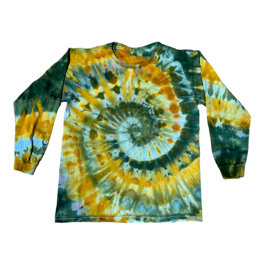 Youth Medium Moss Green and Golden Yellow Spiral Ice Dye Tie Dye Long Sleeve Shirt