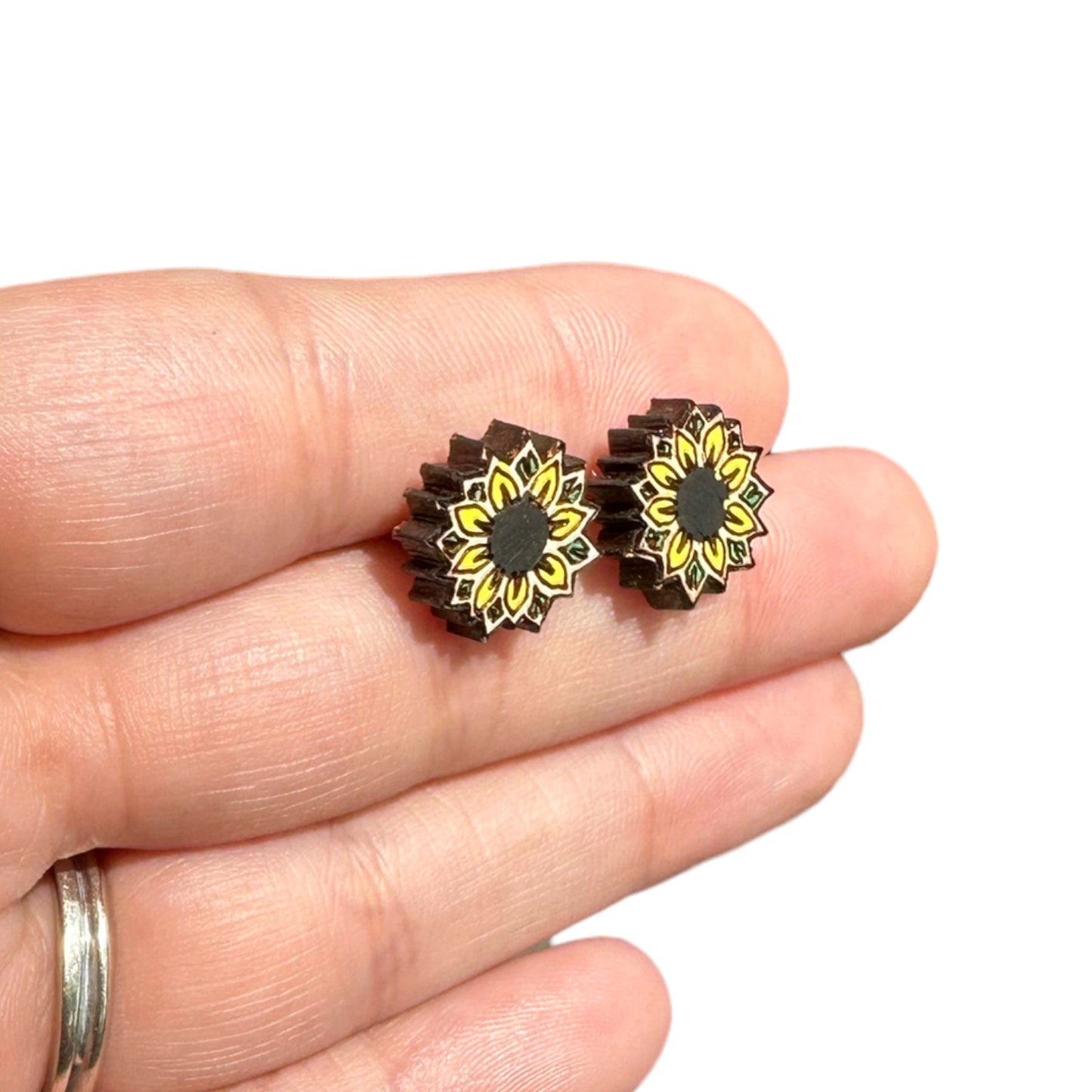Hypoallergenic Hand Painted Sunflower Laser Engraved Wood Stud Earrings