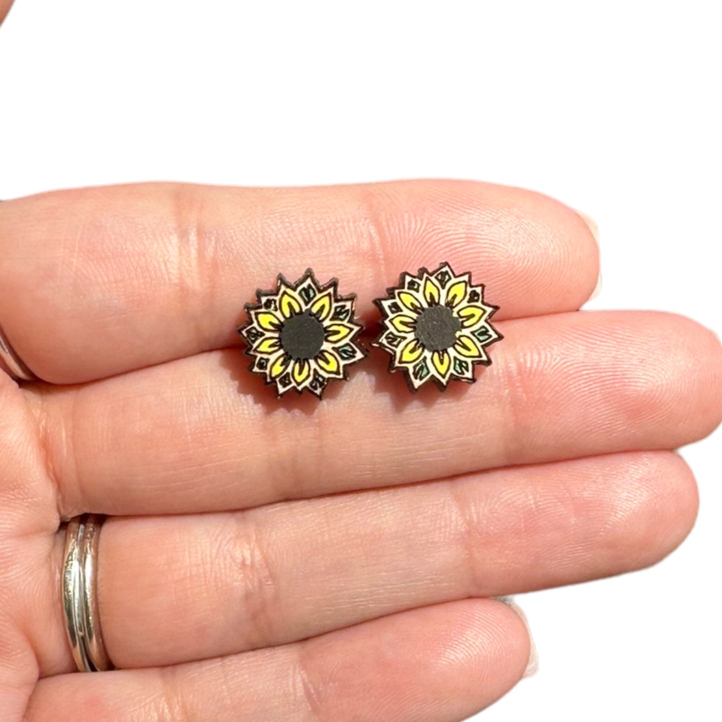 Hypoallergenic Hand Painted Sunflower Laser Engraved Wood Stud Earrings
