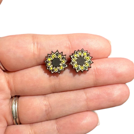 Hypoallergenic Hand Painted Sunflower Laser Engraved Wood Stud Earrings
