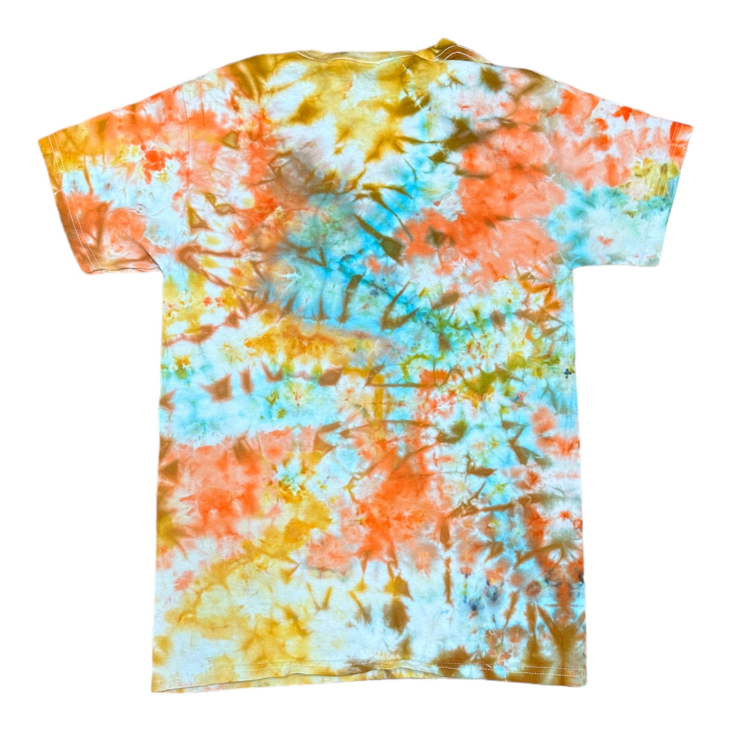 Adult Small Aqua Blue Orange and Yellow Scrunch Ice Dye Tie Dye Shirt