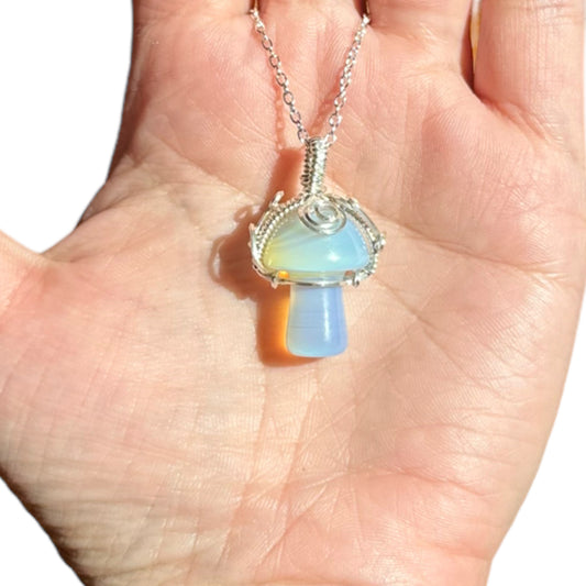 Sterling Silver | 14KT Gold Filled Wire Wrapped Opalite Crystal Mushroom Pendant