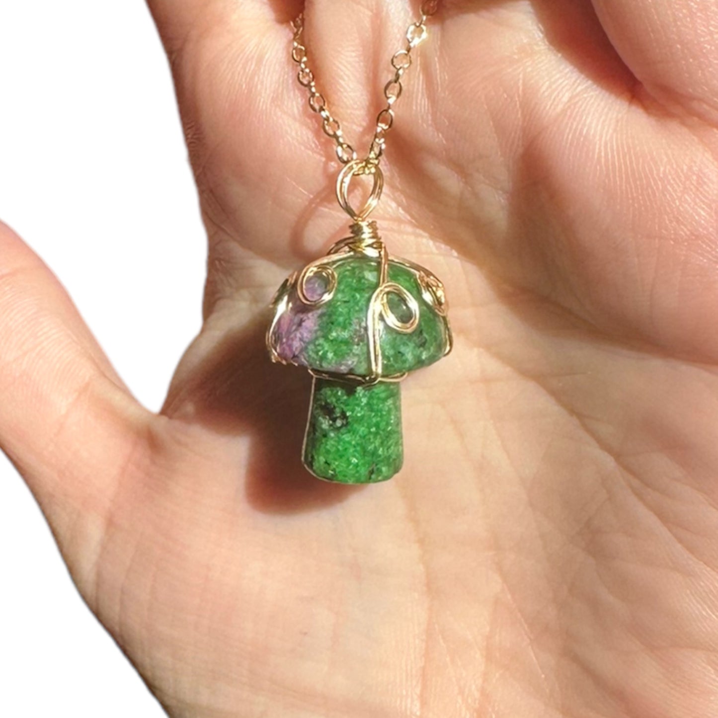Sterling Silver | 14KT Gold Filled Ruby Zoisite Wire Wrapped Mushroom Crystal Pendant