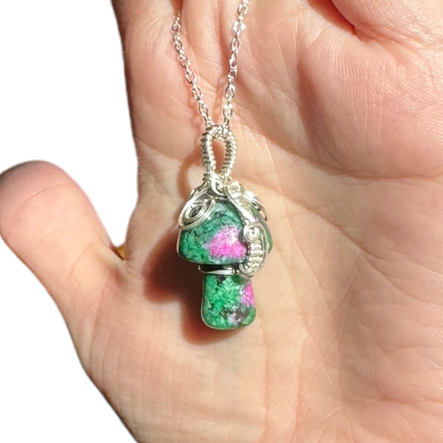 Sterling Silver | 14KT Gold Filled Ruby Zoisite Wire Wrapped Mushroom Crystal Pendant