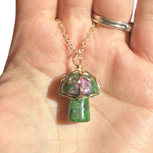 Sterling Silver | 14KT Gold Filled Ruby Zoisite Wire Wrapped Mushroom Crystal Pendant