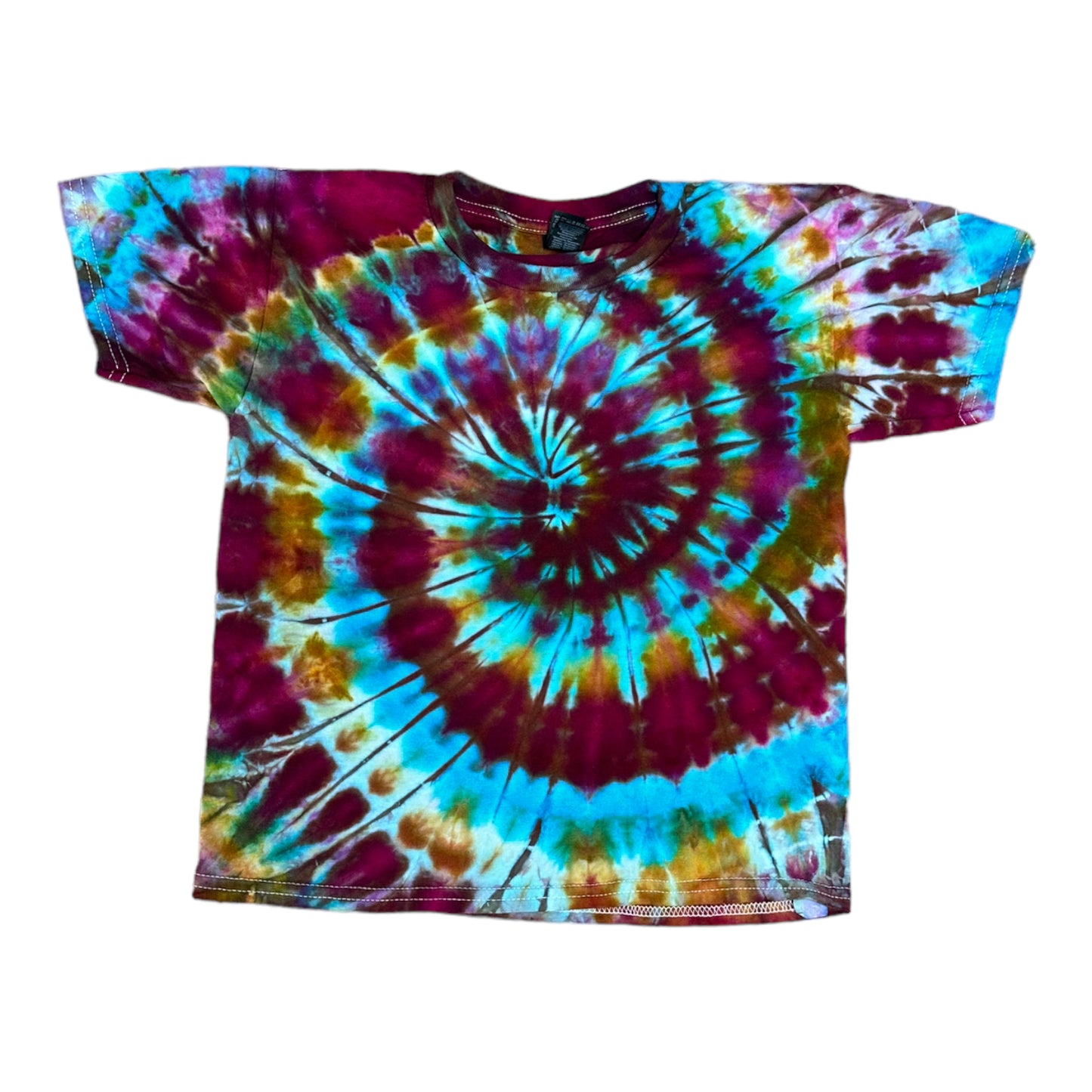 Youth Small Turquoise Golden Yellow Purple and Green Spiral Ice Dye Tie Dye