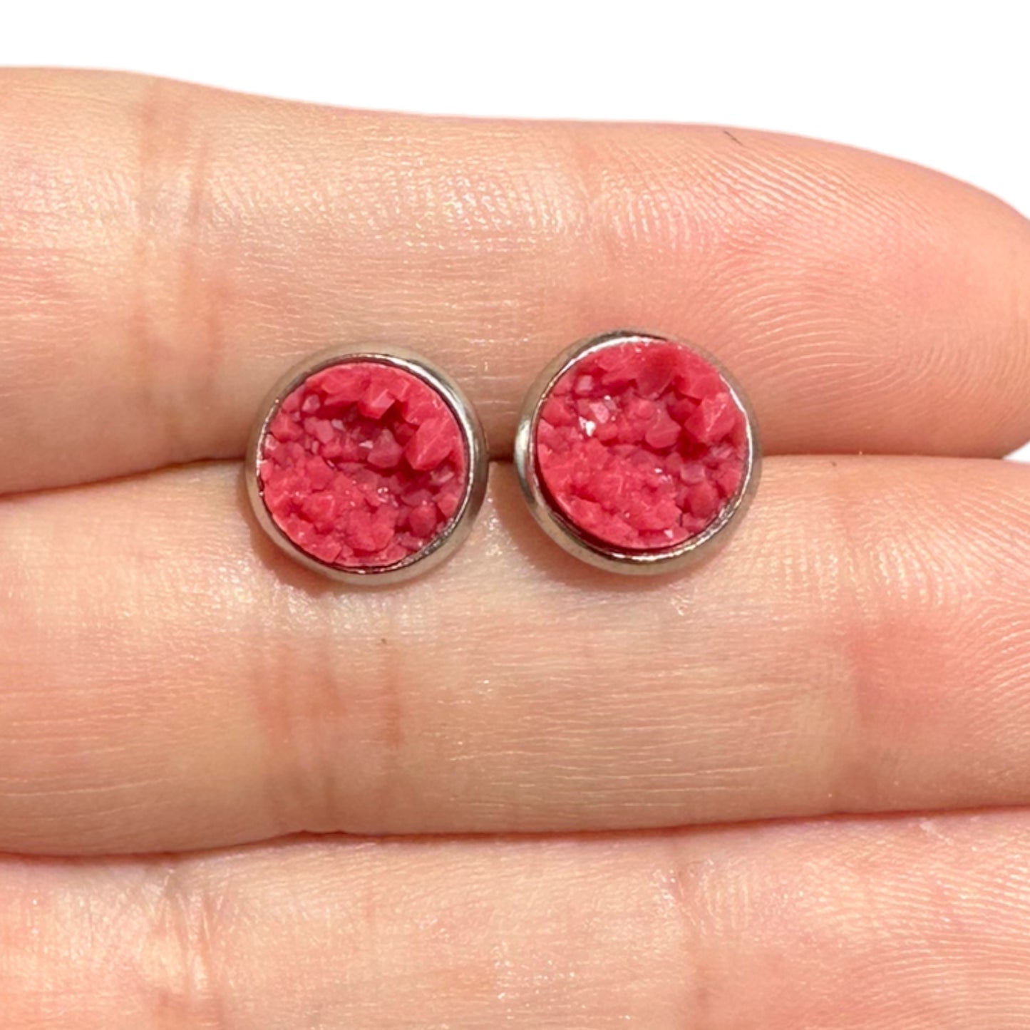 8MM Hypoallergenic Red Faux Druzy Earring Studs