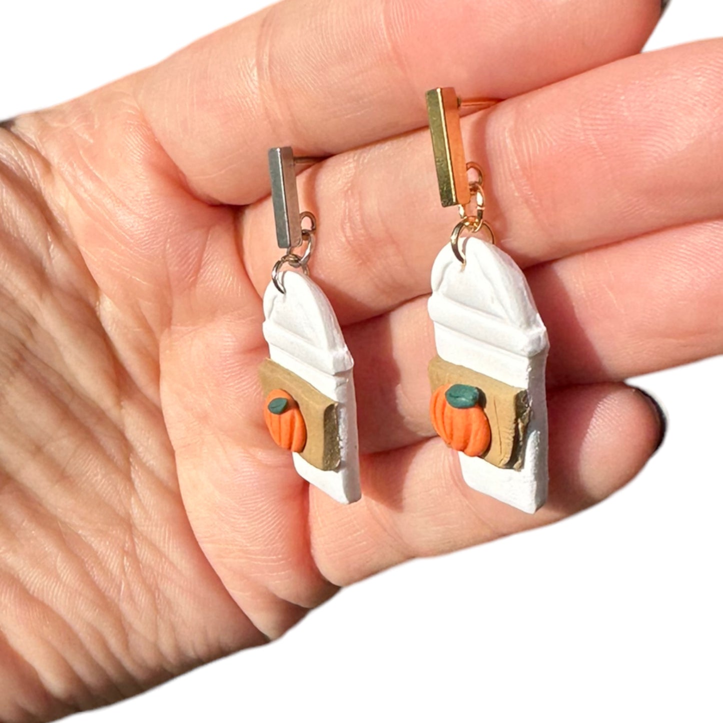 Hypoallergenic Pumpkin Spice Latte Drink Clay Dangle Earrings