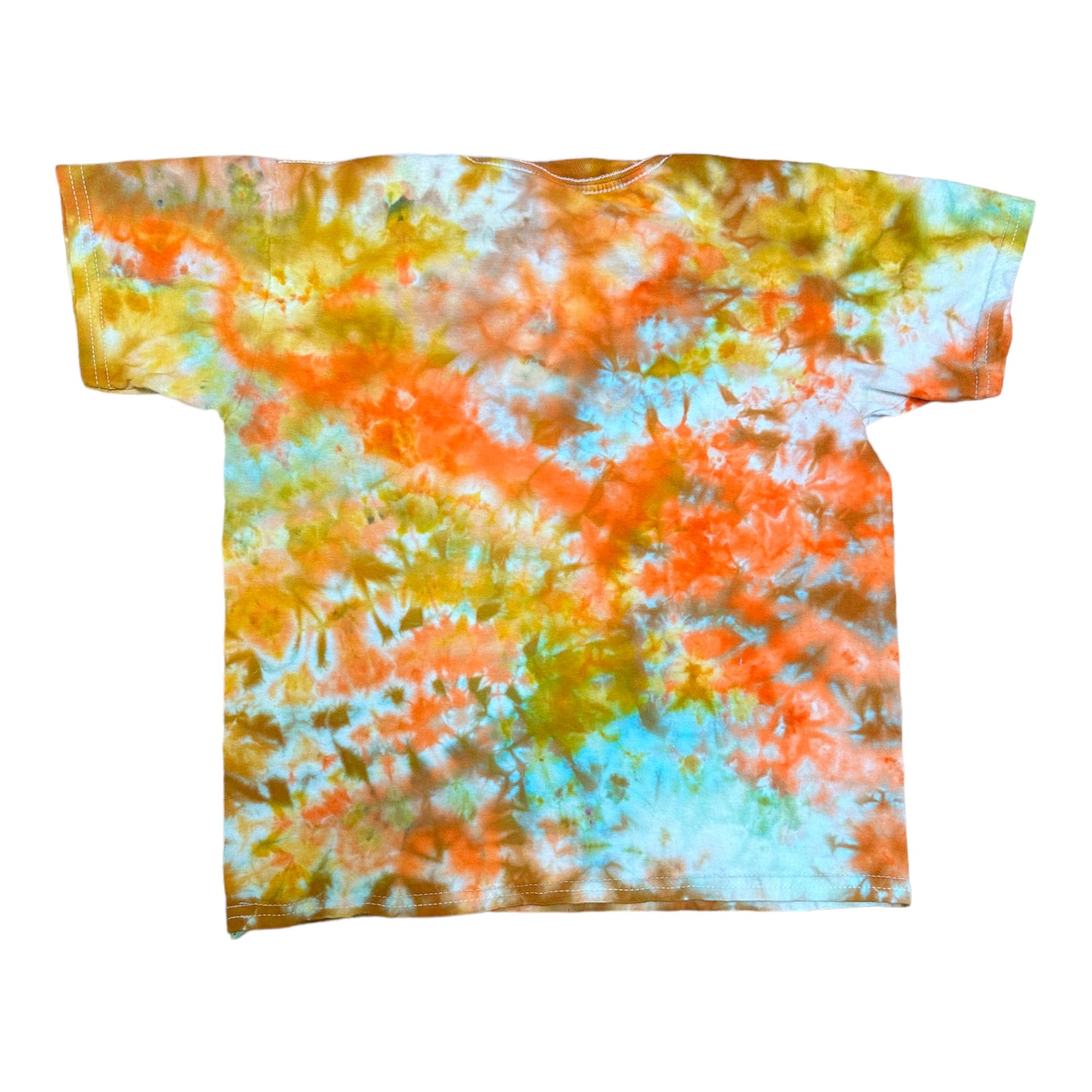 Youth Small Orange Aqua Blue and Yellow Scrunch Ice Dye Tie Dye Shirt