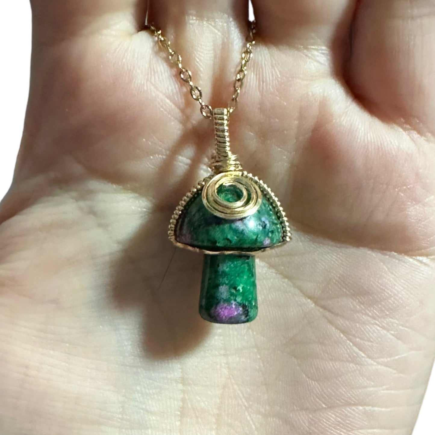 Sterling Silver | 14KT Gold Filled Ruby Zoisite Wire Wrapped Mushroom Crystal Pendant