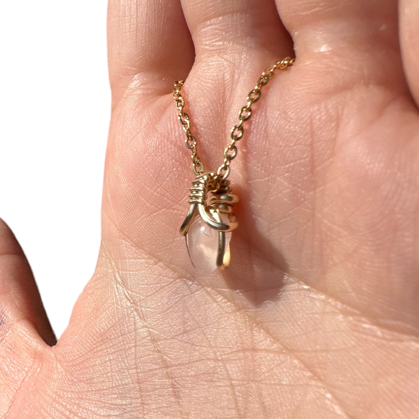 Sterling Silver | 14KT Gold Filled Mini Teardrop Rose Quartz Wire Wrapped Wishbone Pendant