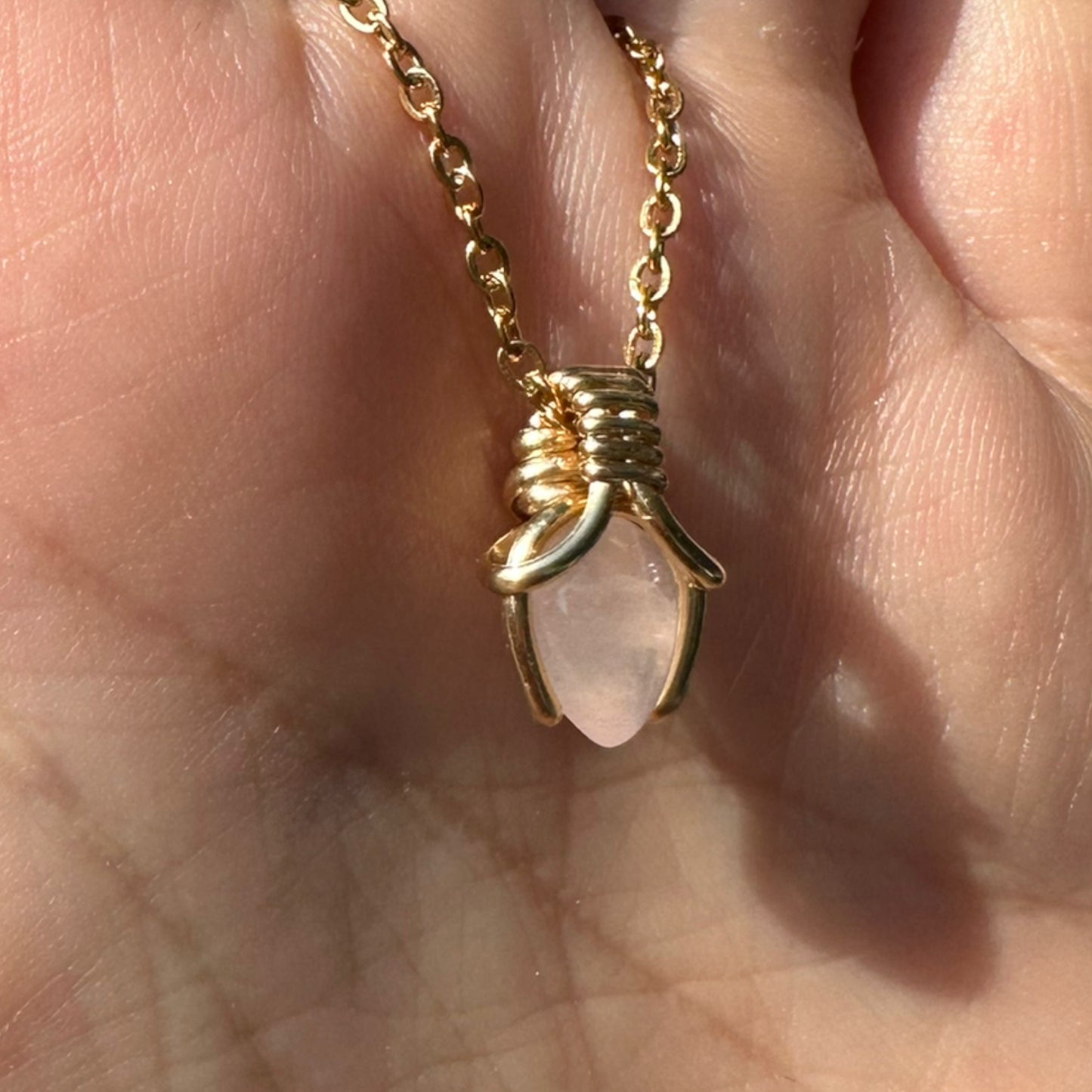 Sterling Silver | 14KT Gold Filled Mini Teardrop Rose Quartz Wire Wrapped Wishbone Pendant