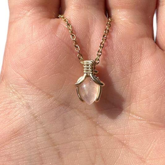 Sterling Silver | 14KT Gold Filled Mini Teardrop Rose Quartz Wire Wrapped Wishbone Pendant