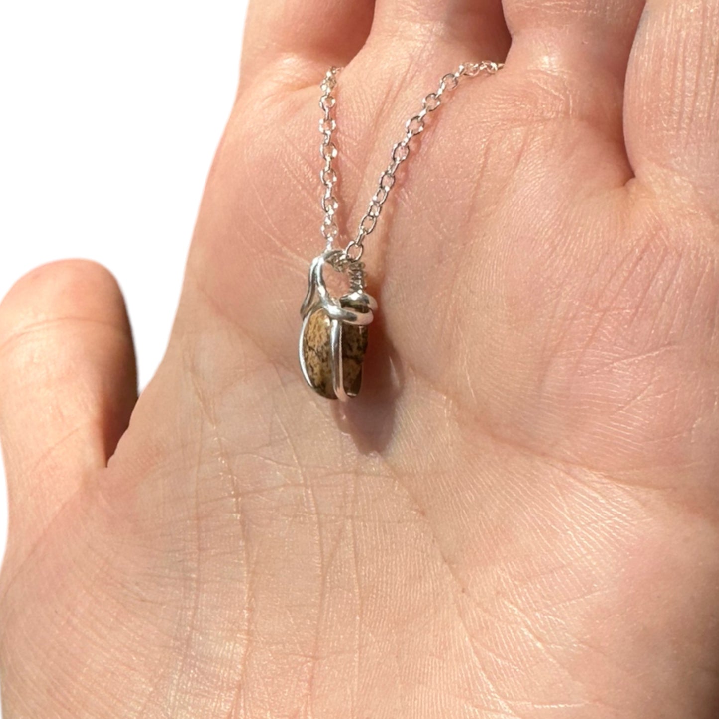 Sterling Silver | 14KT Gold Filled Mini Teardrop Picture Jasper Wishbone Wire Wrapped Pendant