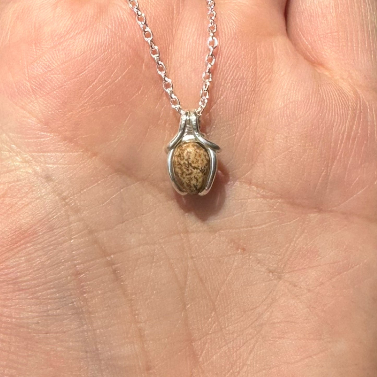 Sterling Silver | 14KT Gold Filled Mini Teardrop Picture Jasper Wishbone Wire Wrapped Pendant