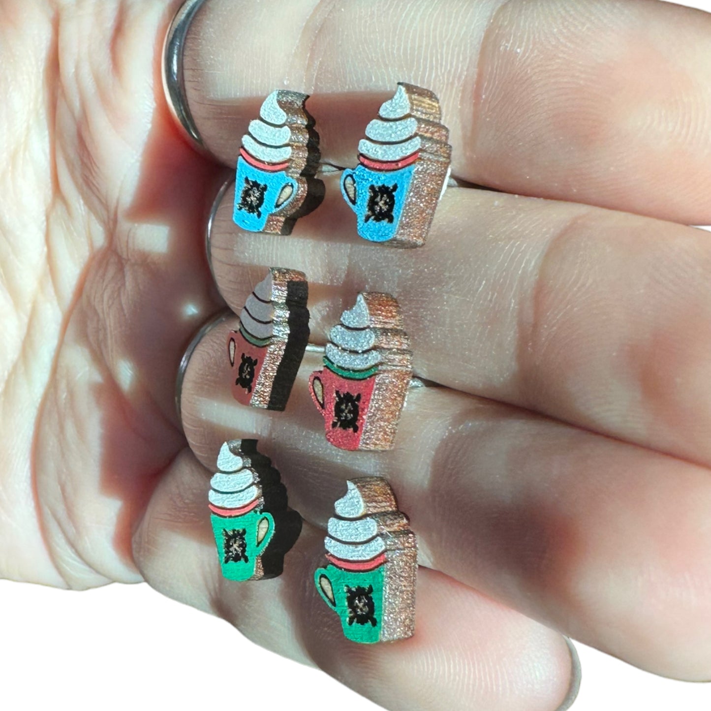 Red | Blue | Green Hypoallergenic Hand Painted Christmas Coffee Mug Engraved Wood Stud Earrings