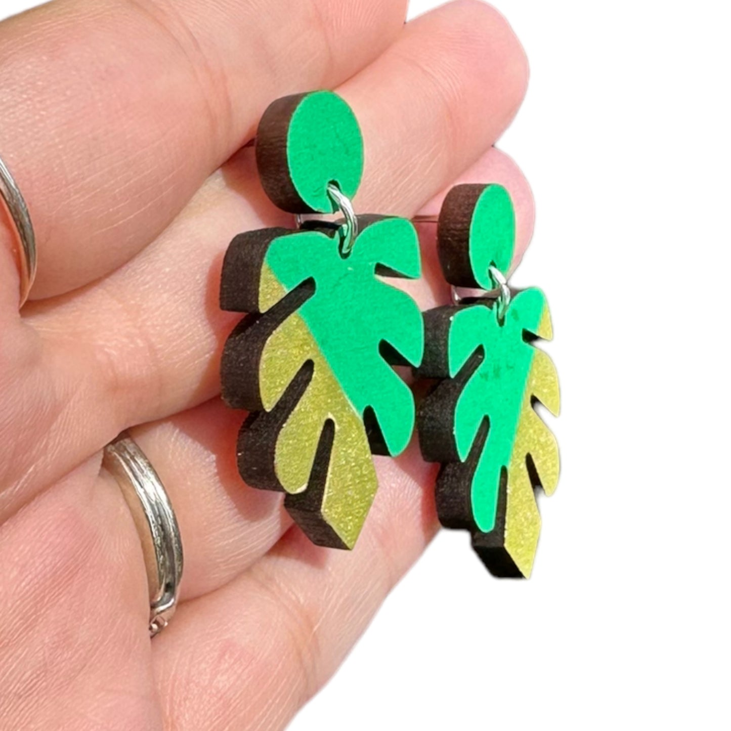 Hypoallergenic Hand Painted Green and Gold Botanical Leaf Dangle Laser Engraved Wooden Earrings