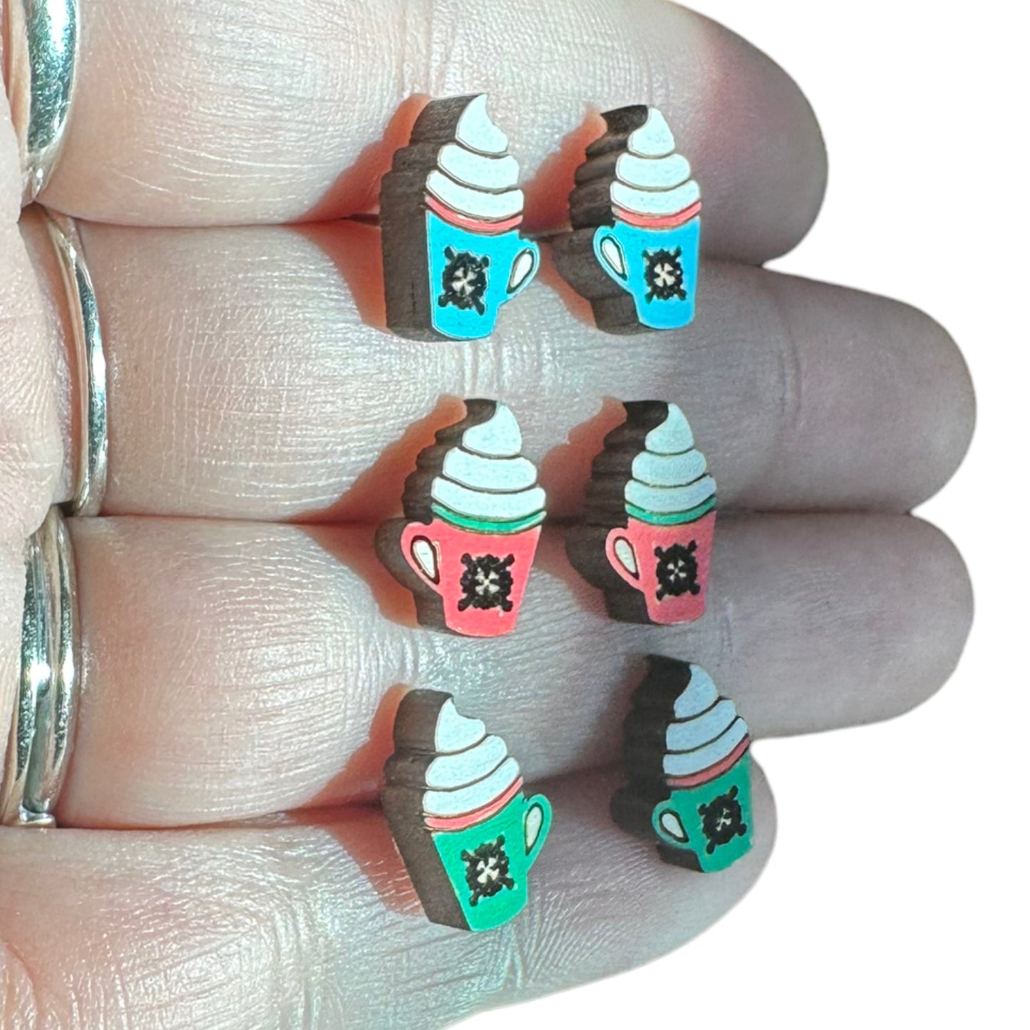 Red | Blue | Green Hypoallergenic Hand Painted Christmas Coffee Mug Engraved Wood Stud Earrings
