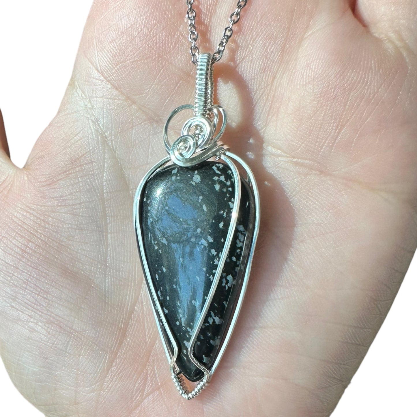 Sterling Silver Wire Wrapped Snowflake Obsidian Crystal Bezel Pendant