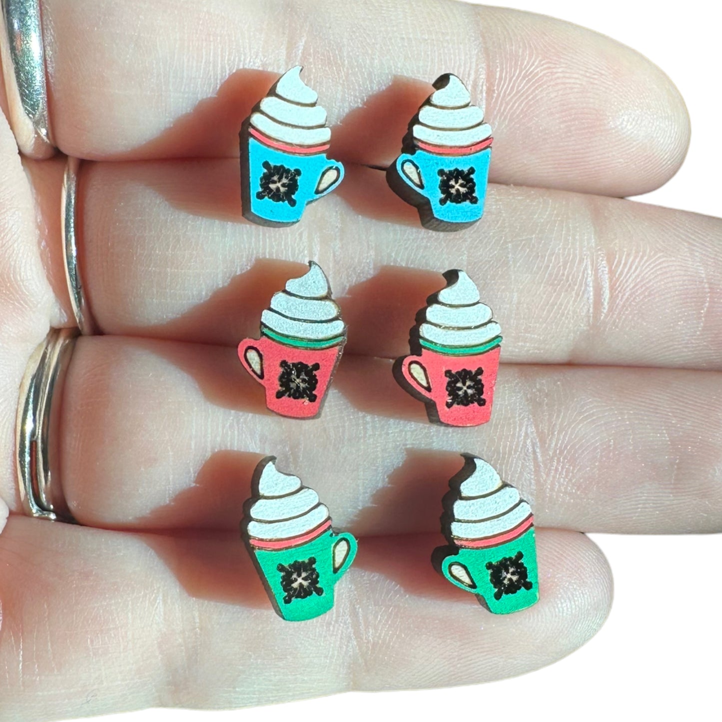 Red | Blue | Green Hypoallergenic Hand Painted Christmas Coffee Mug Engraved Wood Stud Earrings
