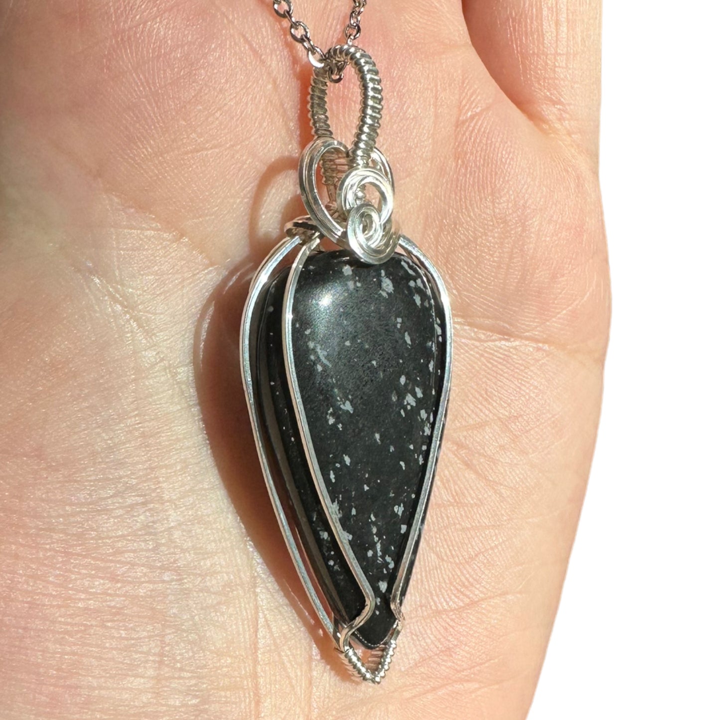 Sterling Silver Wire Wrapped Snowflake Obsidian Crystal Bezel Pendant