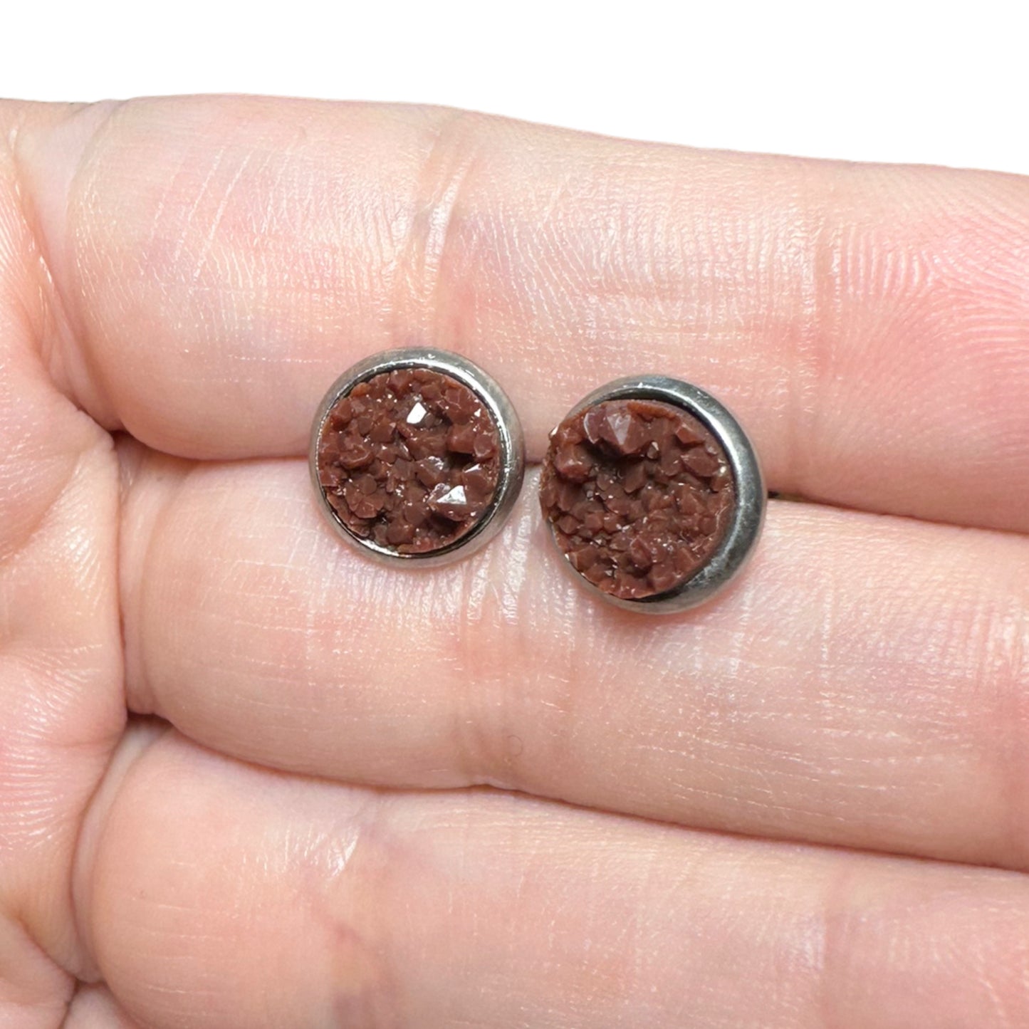 8MM Hypoallergenic Brown Druzy Earring Studs