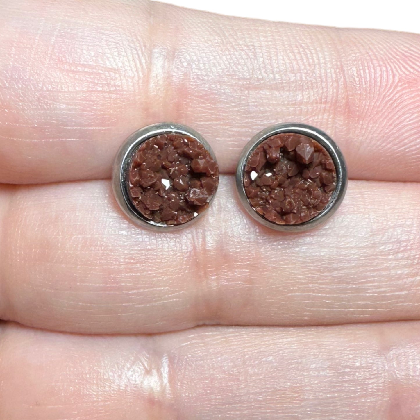 8MM Hypoallergenic Brown Druzy Earring Studs