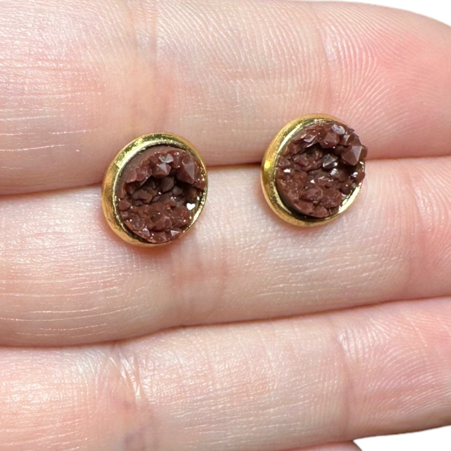 8MM Hypoallergenic Brown Druzy Earring Studs