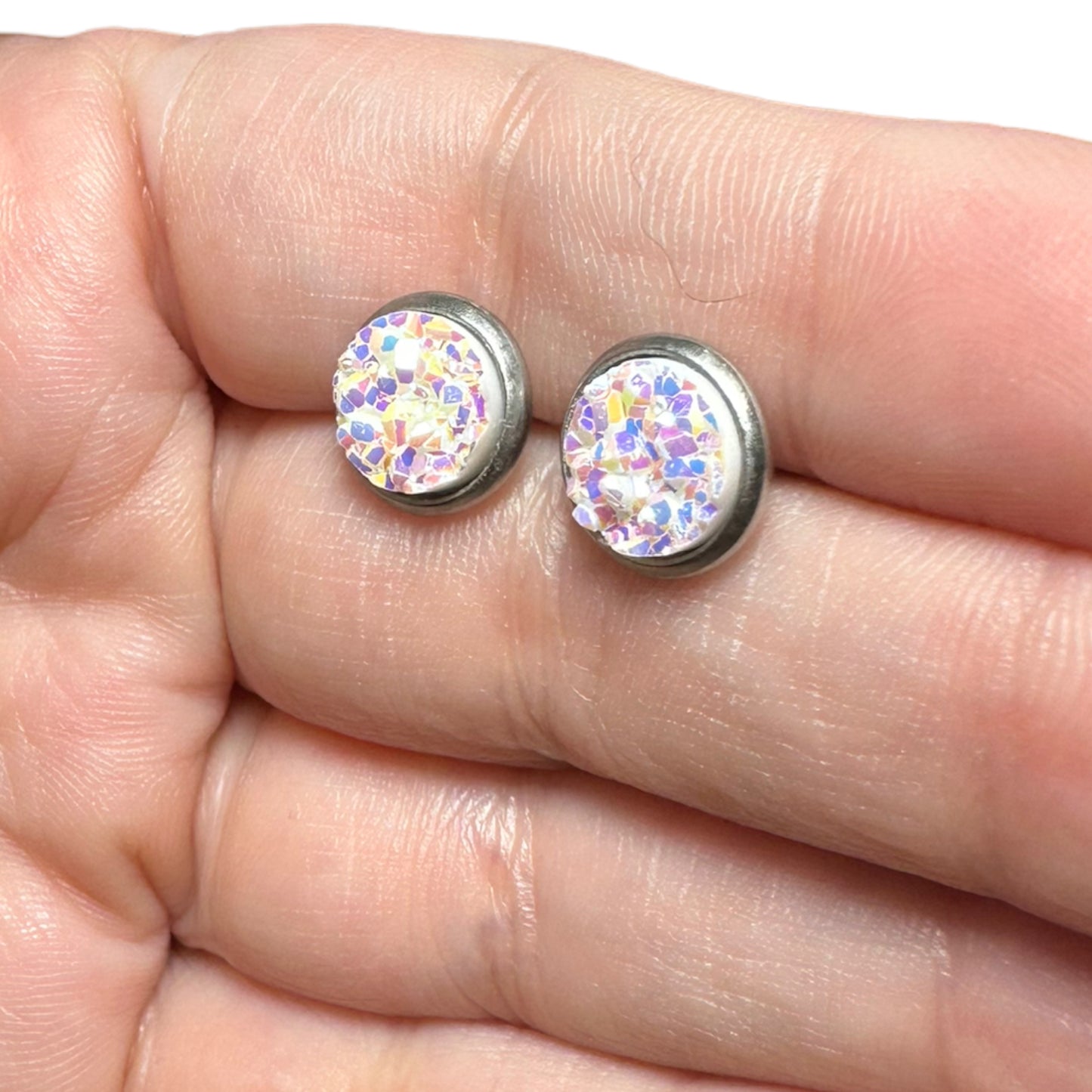 8MM Hypoallergenic White with Multi-Colored Sparkle Druzy Earring Studs