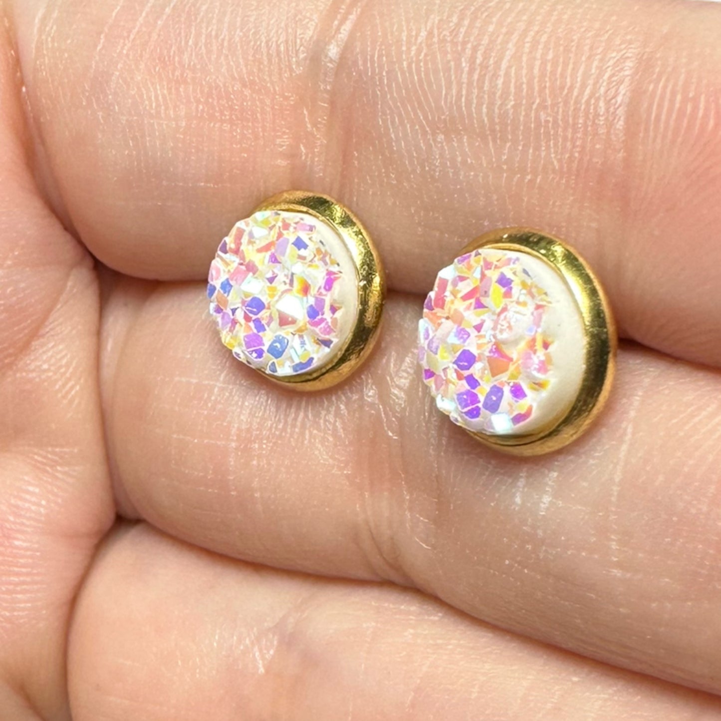 8MM Hypoallergenic White with Multi-Colored Sparkle Druzy Earring Studs