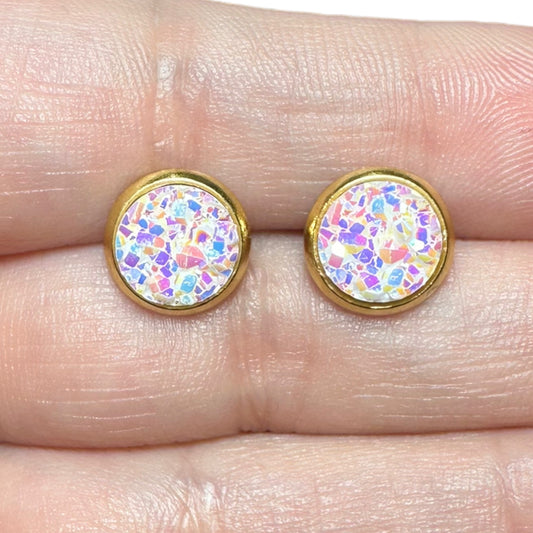 8MM Hypoallergenic White with Multi-Colored Sparkle Druzy Earring Studs